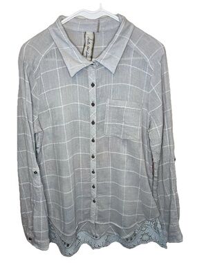 Aratta Silent Journey Long Sleeve Button Up Blouse Gray Floral Lace Size L EUC